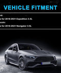 Vehicle fitment chart for Ford Expedition and Lincoln Navigator 2018-2021 alongside a sleek grey car on dark background.