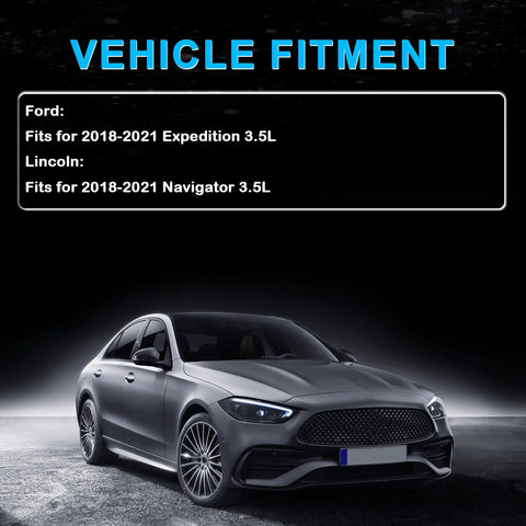Vehicle fitment chart for Ford Expedition and Lincoln Navigator 2018-2021 alongside a sleek grey car on dark background.