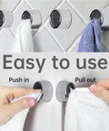 3 Piece Round Adhesive Towel Hooks In Chrome Finish, holding towels on tiled wall, easy push in and pull out mechanism