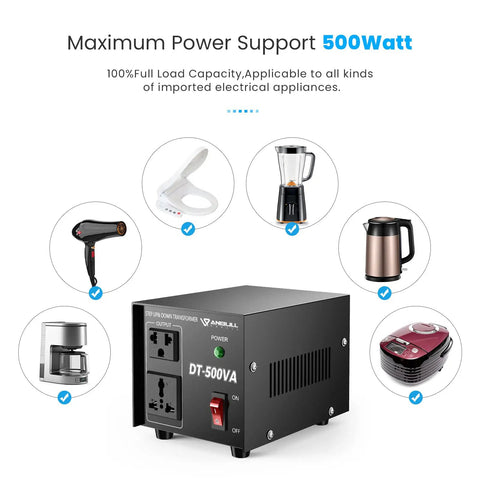 Beefy 500W Voltage Converter Transformer For 110V To 220V And 220V To 110V Heavy Duty Step Up Down shown with appliances
