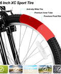 Close-up of 26-Inch XC Sport Tire with anti-slip wide tire, premium inner tube, and puncture-proof rim tape