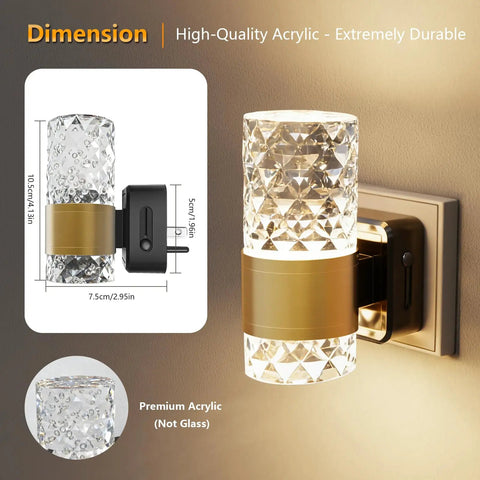 Straight Up Easy Dusk To Dawn Plug In Night Light With Smooth Slide Dimmer And Auto Sensor Zero Stress Setup For Hallway Bedroom Energy Saving LED Wall Lamp Top Shelf Two Pack dimensions 10.5cm by 7.5cm, crystal acrylic body with gold ring.