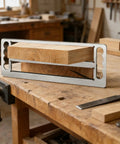 Stainless Steel Tenon Gauge Tool And Mortise Tenon Jig For Precision Woodworking Measuring At Home Carpentry And Furniture Making Featuring One Point Five And Two Inch Slots Dead On Fit Check Slick Durable Build on workbench with wood block.