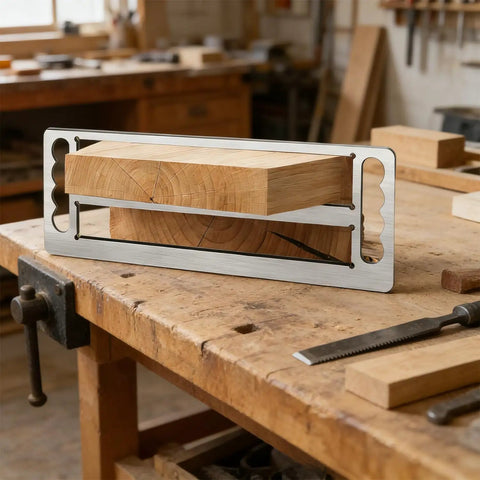 Stainless Steel Tenon Gauge Tool And Mortise Tenon Jig For Precision Woodworking Measuring At Home Carpentry And Furniture Making Featuring One Point Five And Two Inch Slots Dead On Fit Check Slick Durable Build on workbench with wood block.