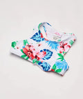 Floral top detail of Girls UPF 50 Plus Racer Bikini Set Addie Two Piece Swimsuit in Peggy White Nylon Tricot beachwear.