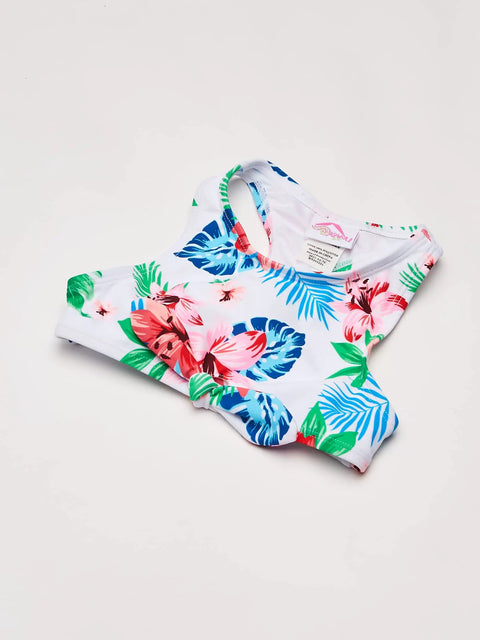 Floral top detail of Girls UPF 50 Plus Racer Bikini Set Addie Two Piece Swimsuit in Peggy White Nylon Tricot beachwear.