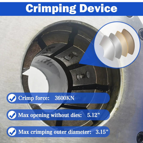 Crimping device of Heavy Duty Automatic Electric Hydraulic Hose Crimping Machine 3600KN showing precision dies and specifications.