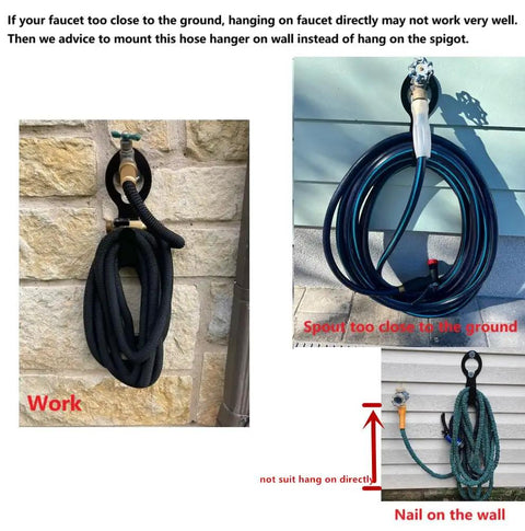 Beefy Heavy Duty Garden Hose Holder For 50Ft And 25Ft Expandable Hose mounted on wall, showing proper usage and placement.
