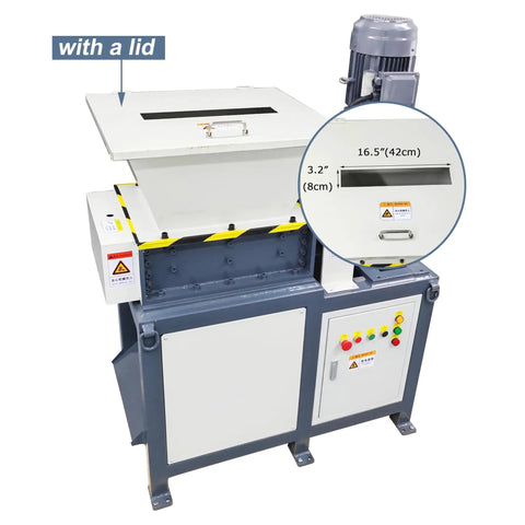 Heavy Duty All In One Industrial Waste Shredder Crusher Beast For Circuit Boards Metal Sheets Plastic Paperboard Cloth Wood And Kitchen Garbage 220V Milling Grinder With 26 Gear Blade System with a lid open showing dimensions.