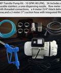 Heavy Duty Pro Rig Ready Def Transfer Pump Kit With Nozzle 10 GPM Self Priming 110 Volt Diaphragm Pump components on a dark background.