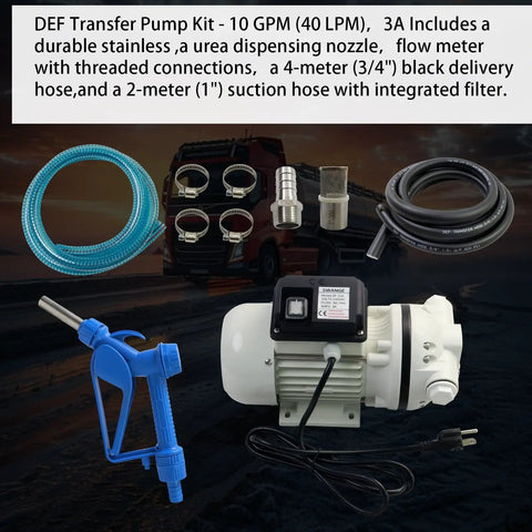 Heavy Duty Pro Rig Ready Def Transfer Pump Kit With Nozzle 10 GPM Self Priming 110 Volt Diaphragm Pump components on a dark background.