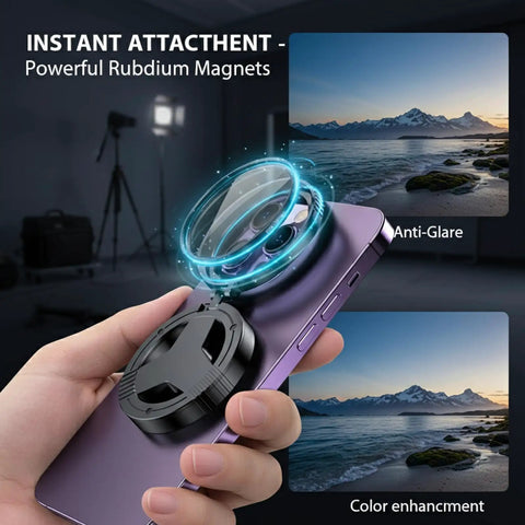 Magnetic CPL Filter For iPhone With Quick Mount 52mm Polarizing Phone Lens For iPhone 12 To 17 in hand illustrating features