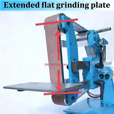 HajMyrdonyx 750W Electric Belt Sander And Polisher Machine With Brushless Motor showing 200mm extended flat grinding plate and belt.