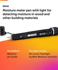 Moisture Pen With Integrated Flashlight, Pocket Portable 2 Pin Moisture Meter For Wood And Common Building Materials shown on gradient background