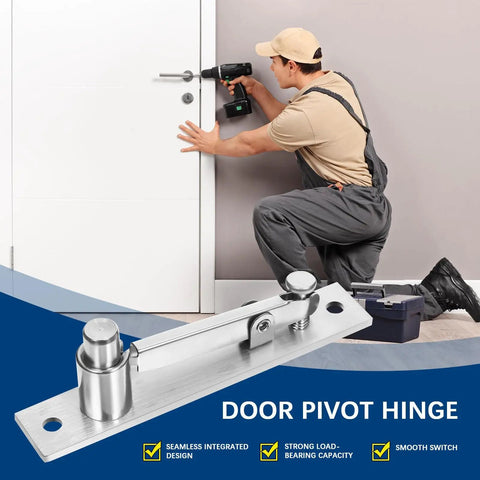 Heavy Duty Hidden Door Pivot Hinge For Wood Doors Provides Full Rotation Concealed Door Hinges Silver Steel Finish, installed on a door.