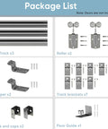Package contents of 12 Ft Heavy Duty Exterior Barn Door Hardware Kit For Outdoor Use, Box Rail System; includes tracks, rollers, brackets, and guides.