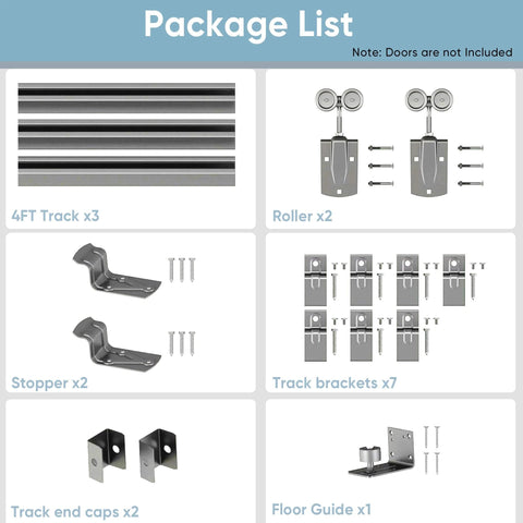 Package contents of 12 Ft Heavy Duty Exterior Barn Door Hardware Kit For Outdoor Use, Box Rail System; includes tracks, rollers, brackets, and guides.