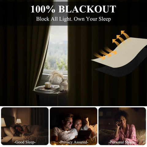 100 Percent Blackout Curtain Panel For Sliding Glass Doors And Rooms, Thermal Insulated Privacy Drape With Hooks