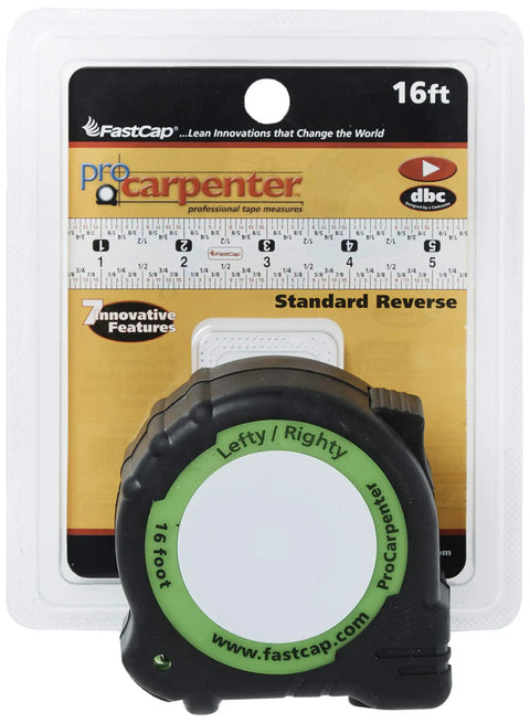 16 Foot Pro Carpenter Reverse Measuring Tape with Easy Read Fractions to 1/16 Inch from Either Hand Built in Pencil Sharpener