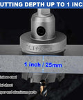 1-inch tungsten carbide hole saw with M2 pilot drill for hard metal, stainless steel, iron and plastic; 25mm depth