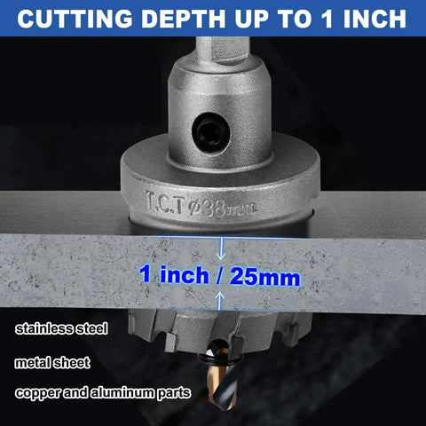 1-inch tungsten carbide hole saw with M2 pilot drill for hard metal, stainless steel, iron and plastic; 25mm depth