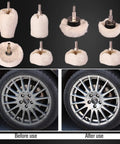 Drill Polishing Wheel Kit With 8 White Flannelette Buffing Mops, 1/4 Inch Hex Shafts, wheel before and after polishing