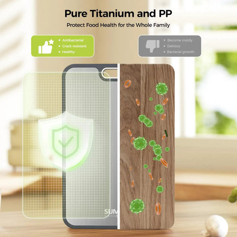 Comparison of pure titanium and PP surfaces on the Two In One Titanium Cutting Board Heavy Duty Dual Sided Kitchen Tool With Pure Titanium And PP Surfaces Food Grade Easy To Clean Large 15 By 10.3 Inch Board For Meat Vegetables And Fruit Prep, highlighting antibacterial features.