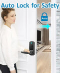 Woman using Smart Door Lock With Fingerprint Code Fob Phone Or Key Entry Auto Lock Works With Alexa And Google Home All In One Keyless Entry