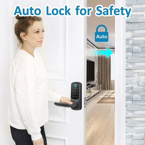 Woman using Smart Door Lock With Fingerprint Code Fob Phone Or Key Entry Auto Lock Works With Alexa And Google Home All In One Keyless Entry