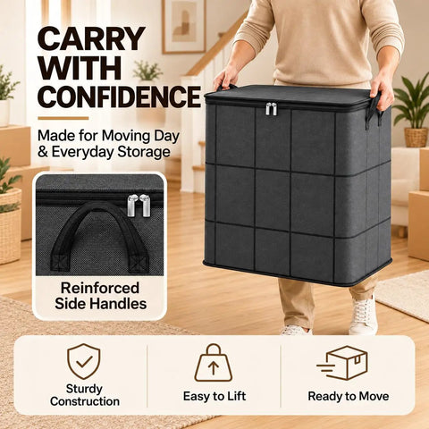 Heavy Duty Moving Storage Bins That Make Dealing With Clutter A Snap Featuring Sturdy Handles secure zipper and quick fold layout for bulky coats and all your seasonal stash in a home setting.