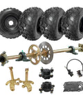 44 Inch Rear Axle Kit For Go Karts And DIY Builds, Tough As Nails, 1120mm Length, 1.3 Inch Thick Live Axle, 24T Spline, 530 Chain Sprocket, 220mm Brake Disc, Fits 8 To 10 Inch Wheels, Perfect For ATV Quad Trikes Golf Carts, shown with wheels and components.
