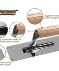 Venetian Plaster Trowel 240mm By 90mm with mirror polished 420 stainless steel blade, beech handle, shown with labeled features.