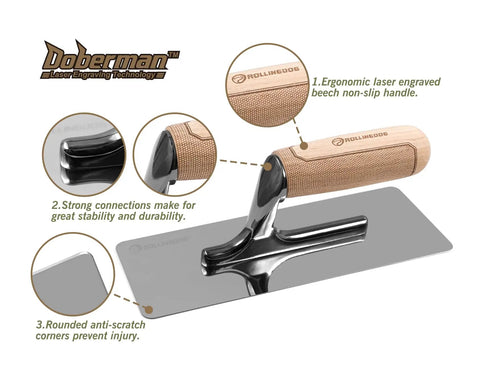 Venetian Plaster Trowel 240mm By 90mm with mirror polished 420 stainless steel blade, beech handle, shown with labeled features.