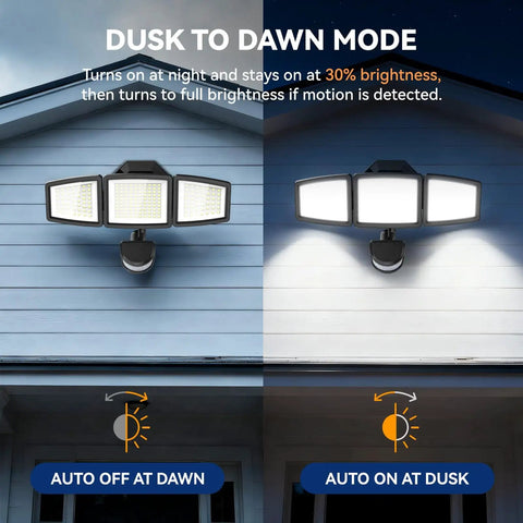 Motion Sensor Outdoor LED Flood Light With 7000 Lumen Output And 6500K Daylight Waterproof Hardwired Wall Light installed on house