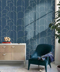 Blue Peel And Stick Geometric Wallpaper For Home Decor And Furniture Renovation Self Adhesive Matte Contact Paper 17.71 Inches By 118 Inches No Fuss Easy Install And Remove Removable Wall Covering For Quick Makeovers in modern living room setting with chair and cabinet.