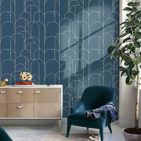 Blue Peel And Stick Geometric Wallpaper For Home Decor And Furniture Renovation Self Adhesive Matte Contact Paper 17.71 Inches By 118 Inches No Fuss Easy Install And Remove Removable Wall Covering For Quick Makeovers in modern living room setting with chair and cabinet.