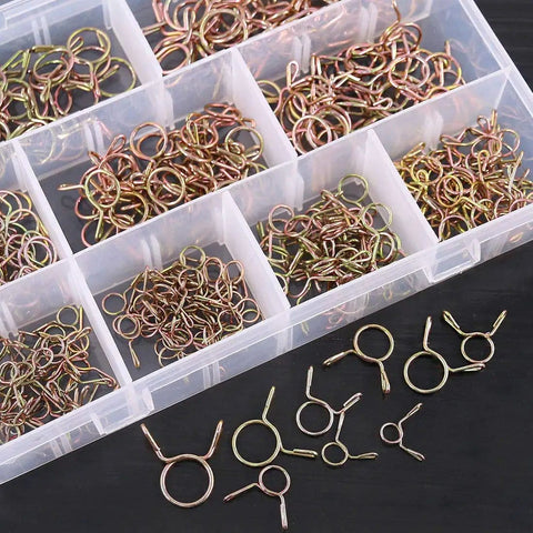 Open plastic box displaying DIY Friendly 290 Piece Hose Clamp Set For Fuel Lines Water Pipes And Air Tubing Including 9 Sizes From 5mm To 13mm.