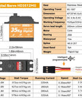 Specs chart for Beefy High Torque RC Servo 35kg Waterproof Metal Gears showing dimensions and programmable features.