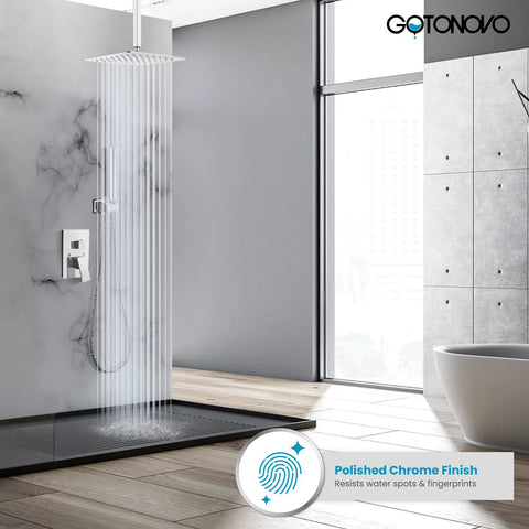 All In One Ceiling Mount Shower System With 12 Inch Rainfall Showerhead And Handheld Sprayer, Rough-In Valve in modern bathroom