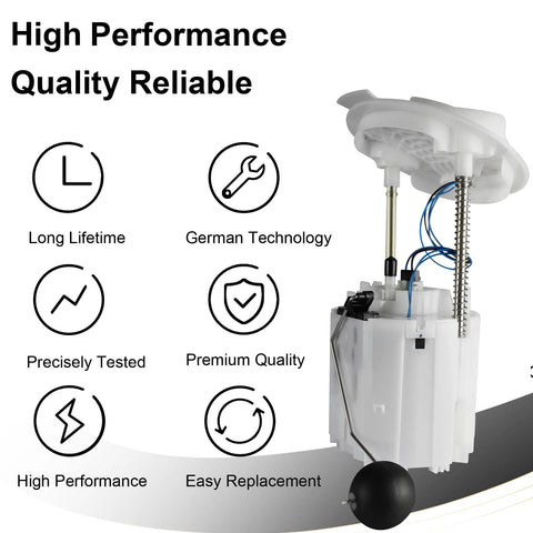 Electric Fuel Pump Module Assembly Compatible With 2005 Through 2017 Chrysler 300 Dodge Challenger Charger Magnum V6 And V8 Engines Including 2 7L 3 5L 3 6L 5 7L 6 1L And 6 4L Replacement E7192M For Seamless Fuel Delivery And Quick Easy Drop In Install, showing product with performance icons.