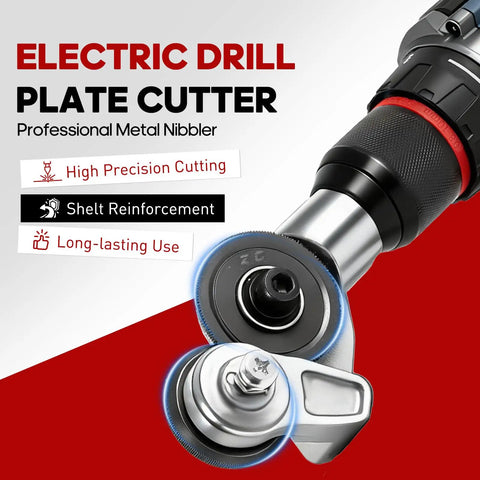 Close-up of electric drill plate cutter, part of Turn Your Drill Into A Sheet Metal Cutter Nibbler With Double Cut Design.