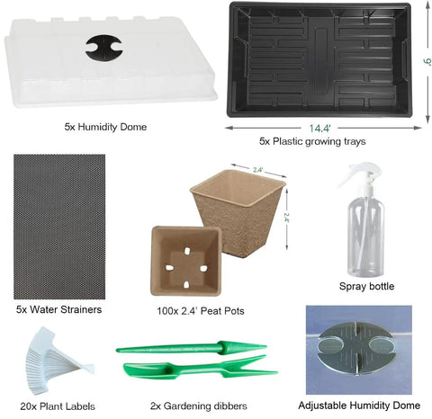 Seed Starter Kit With 100 Peat Pots, 5 Plastic Trays, Water Strainer, Adjustable Humidity Dome, Plant Labels, And Sprayer components