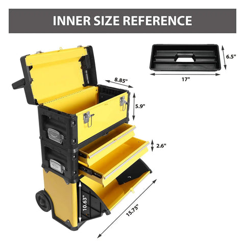 Stackable Metal Tool Box On Wheels With Two Drawers Rolling Upright Chest For Garage Or Workshop Heavy Duty Portable Organizer In Yellow