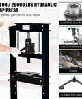Front view of Beefy 12 Ton Hydraulic Press For Metalworking And Auto Repairs With H Frame Adjustable Work Table Stamping Plates Built In Safety Valve And Bearing And U Joint Installation For Bending Straightening And More