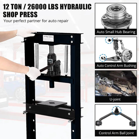 Front view of Beefy 12 Ton Hydraulic Press For Metalworking And Auto Repairs With H Frame Adjustable Work Table Stamping Plates Built In Safety Valve And Bearing And U Joint Installation For Bending Straightening And More