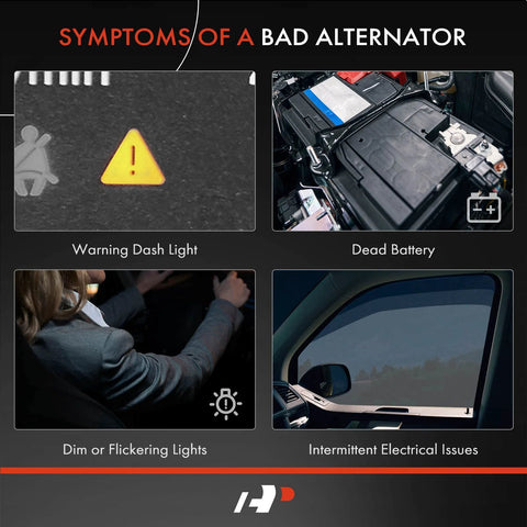 Symptoms of a bad alternator showing warning dash light, dead battery, dim lights, and electrical issues in car.