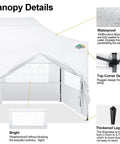 10x20 Foot Pop Up Canopy Tent With 6 Sidewalls Heavy Duty Waterproof Commercial Gazebo details showing waterproof fabric, frame, and windows.
