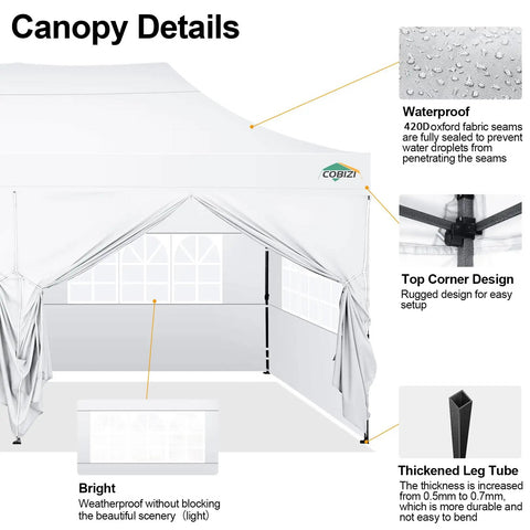 10x20 Foot Pop Up Canopy Tent With 6 Sidewalls Heavy Duty Waterproof Commercial Gazebo details showing waterproof fabric, frame, and windows.