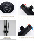 Rock Solid Matte Black Rainfall Shower Head System With Easy Thermostatic Temp Control And Heavy Duty Brass Handheld Spray showing nozzle and control features.