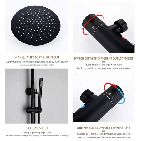 Rock Solid Matte Black Rainfall Shower Head System With Easy Thermostatic Temp Control And Heavy Duty Brass Handheld Spray showing nozzle and control features.